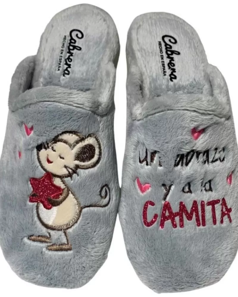 Woman CABRERA Woman House Slipers Pantufla Un Abrazo Y A La Camita Gris